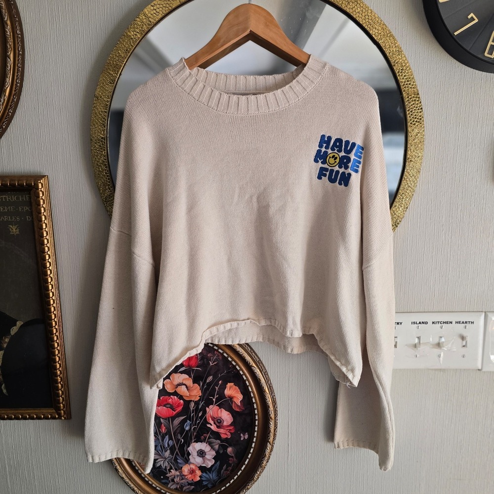 Sincerely Jules Womens Have More Fun Smiley Face Cropped Knit Sweater Cream XL